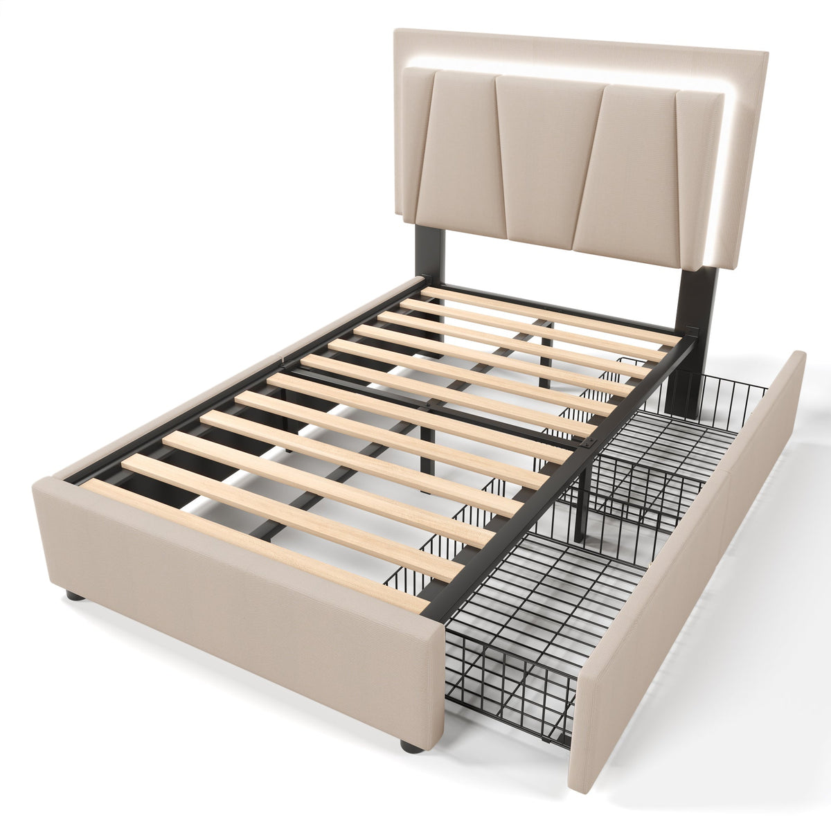 Upholstered Bed, LED, 2-Drawer, Height-Adjustable, Single 90x200cm, Beige Linen
