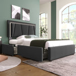 Upholstered Bed, Single 90x200cm, LED & 2 Drawers, Wooden Slatted Frame, Garu