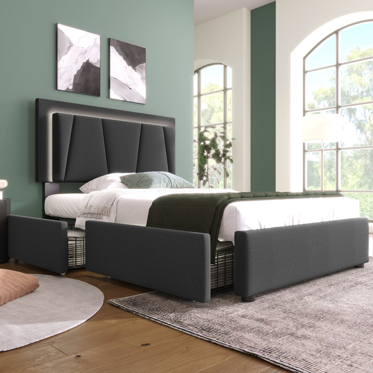 Upholstered Bed, Single 90x200cm, LED & 2 Drawers, Wooden Slatted Frame, Garu