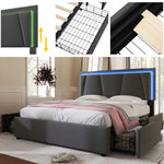 Upholstered Bed with LED Lighting, 4 Drawers, Adjustable Headboard, Gray