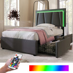 Upholstered Bed, LED Lighting, 2 Drawers, Adjustable Headboard, Storage, Wood, Garu