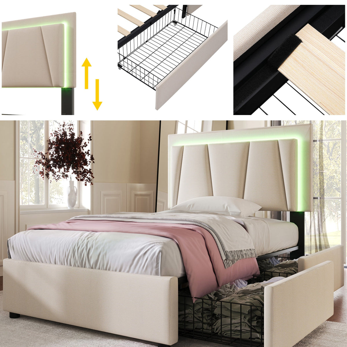 Upholstered Bed, LED, 2-Drawer, Height-Adjustable, Single 90x200cm, Beige Linen