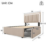 Upholstered Bed, LED, 2-Drawer, Height-Adjustable, Single 90x200cm, Beige Linen