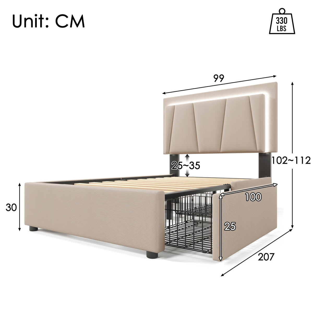 Upholstered Bed, LED, 2-Drawer, Height-Adjustable, Single 90x200cm, Beige Linen