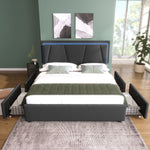 Upholstered Bed, LED Lighting & 4-Drawer Storage, Adjustable Headboard, Wood Slatted Frame, Gray