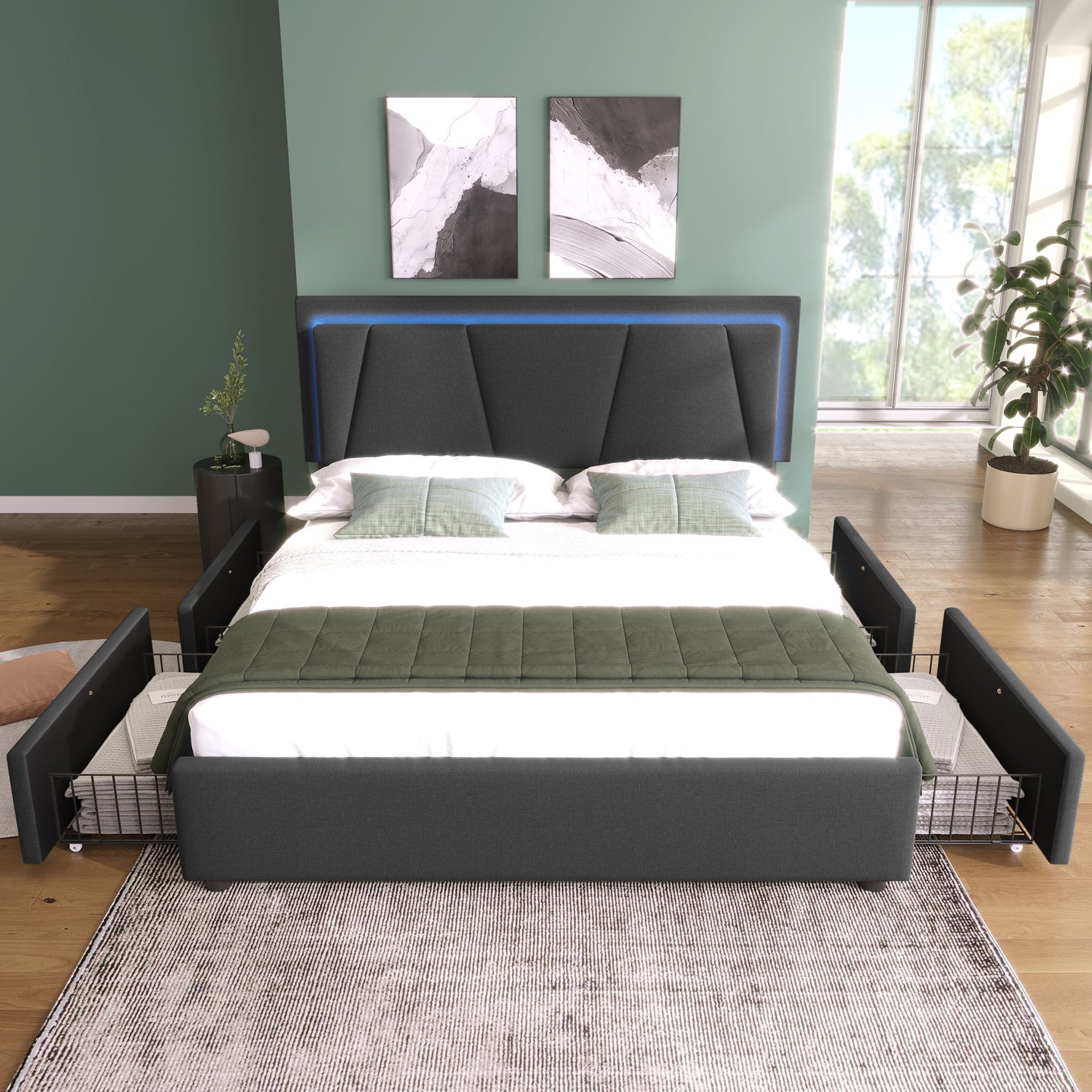 Upholstered Bed, LED Lighting & 4-Drawer Storage, Adjustable Headboard, Wood Slatted Frame, Gray