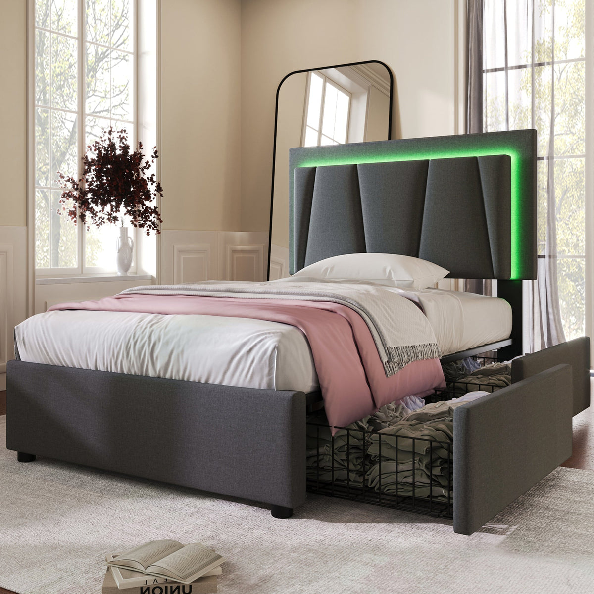 Upholstered Bed, Single 90x200cm, LED & 2 Drawers, Wooden Slatted Frame, Garu