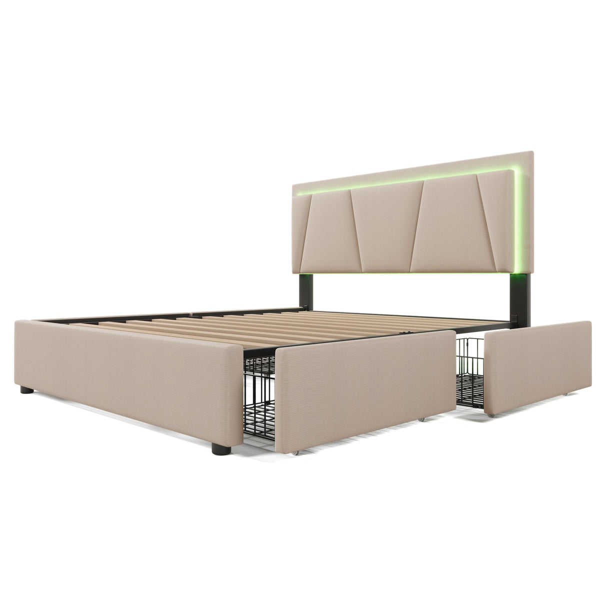 Upholstered Bed with LED Lighting, 4 Drawers and Adjustable Headboard, 160x200cm, Beige