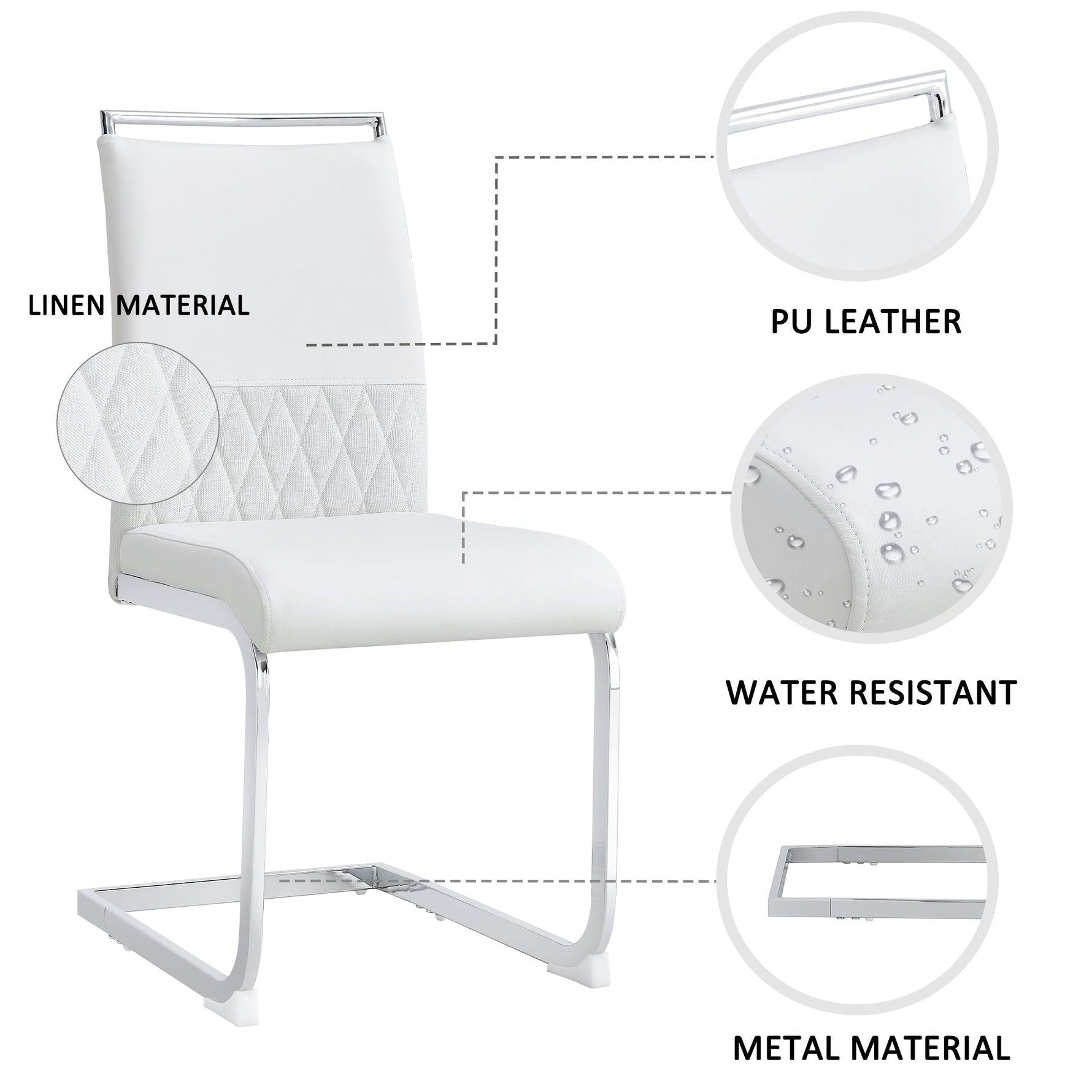 Dining Chairs Set of 6 Upholstered High-Back PU Leather Linen White