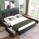 Upholstered Bed, LED Lighting & 4-Drawer Storage, Adjustable Headboard, Wood Slatted Frame, Gray