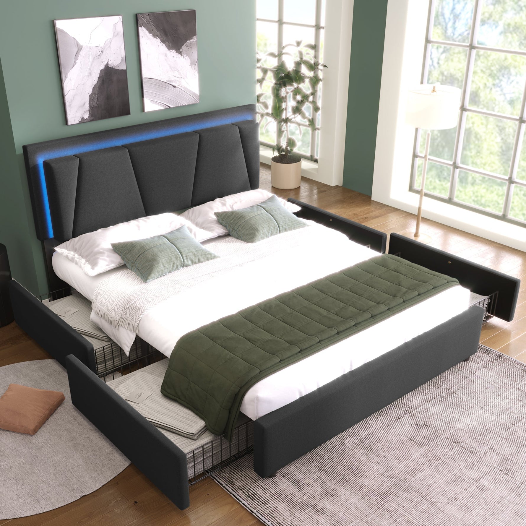 Upholstered Bed, LED Lighting & 4-Drawer Storage, Adjustable Headboard, Wood Slatted Frame, Gray