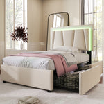Upholstered Bed, LED, 2-Drawer, Height-Adjustable, Single 90x200cm, Beige Linen