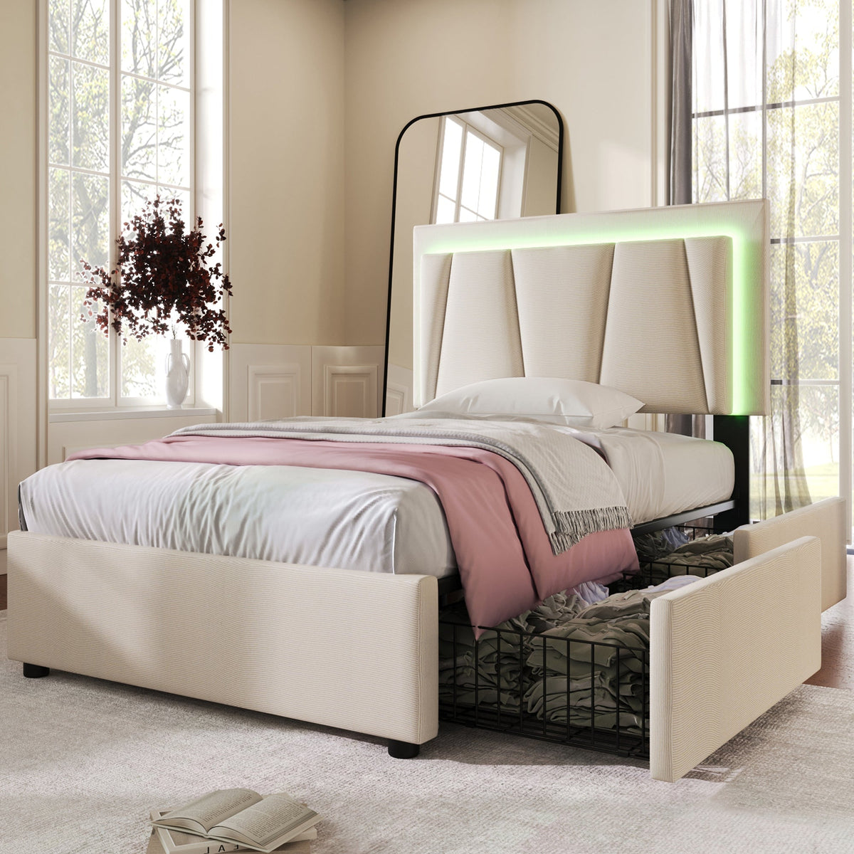 Upholstered Bed, LED, 2-Drawer, Height-Adjustable, Single 90x200cm, Beige Linen