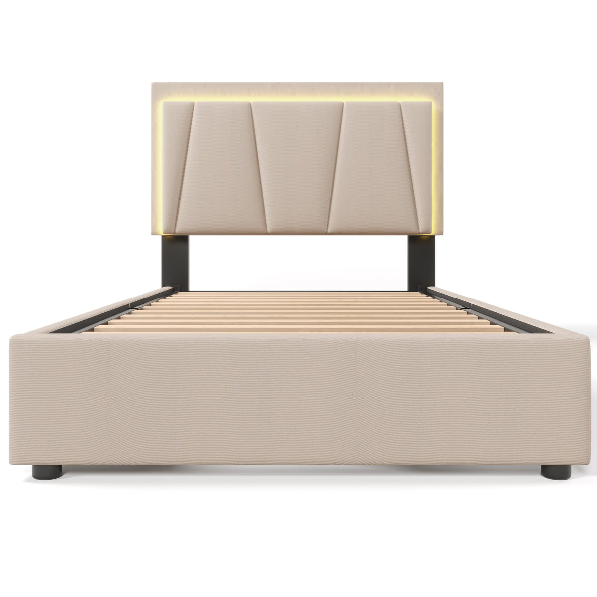 Upholstered Bed, LED, 2-Drawer, Height-Adjustable, Single 90x200cm, Beige Linen