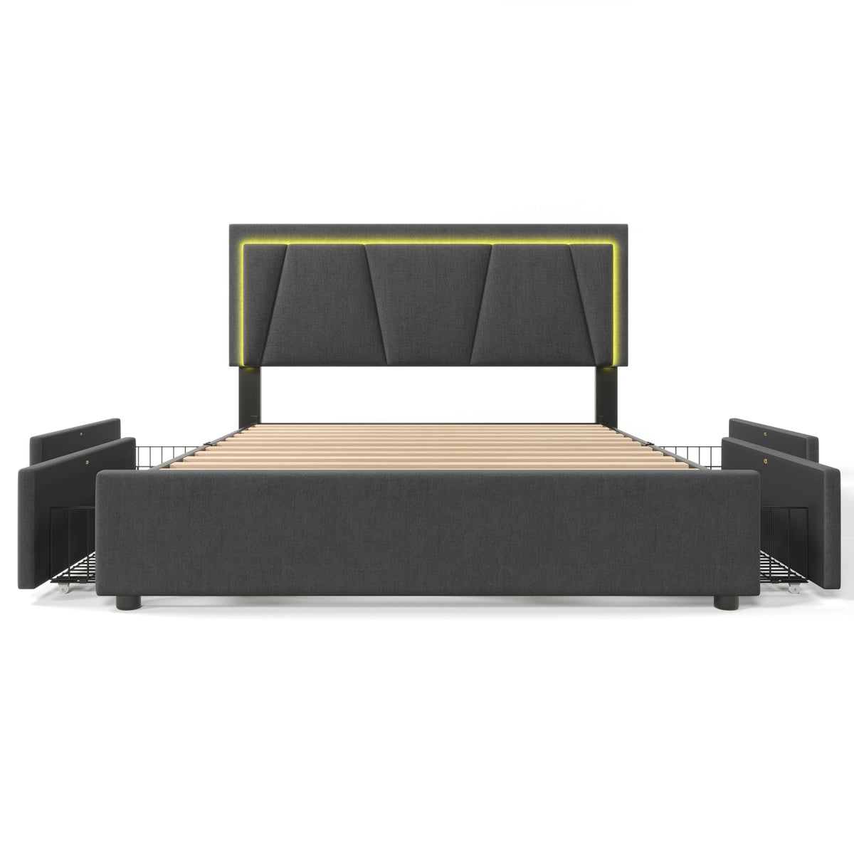 Upholstered Bed with LED Lighting, 4 Drawers and Adjustable Headboard, 160x200cm, Grey Wood