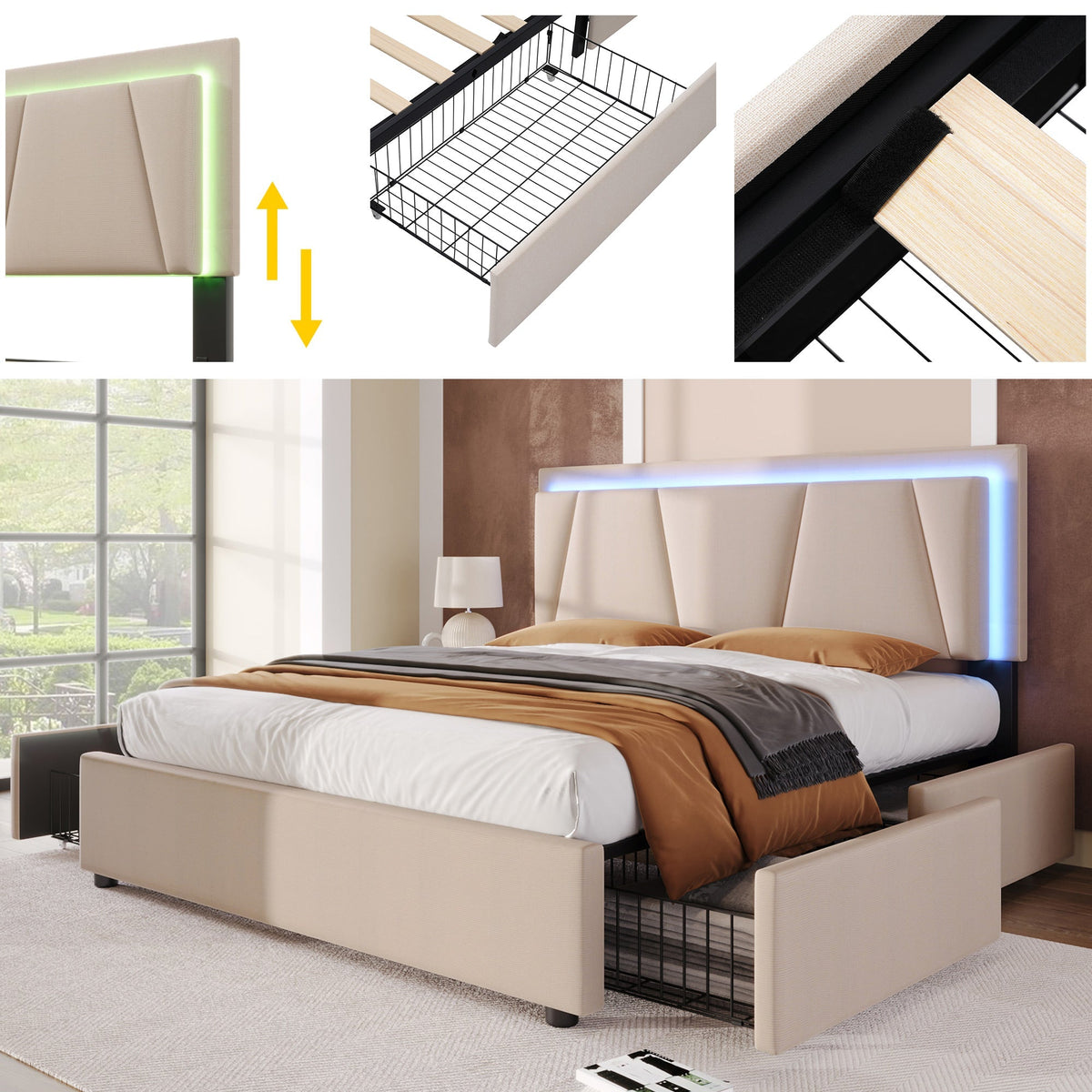 Upholstered Bed with LED Lighting, 4 Drawers and Adjustable Headboard, 160x200cm, Beige