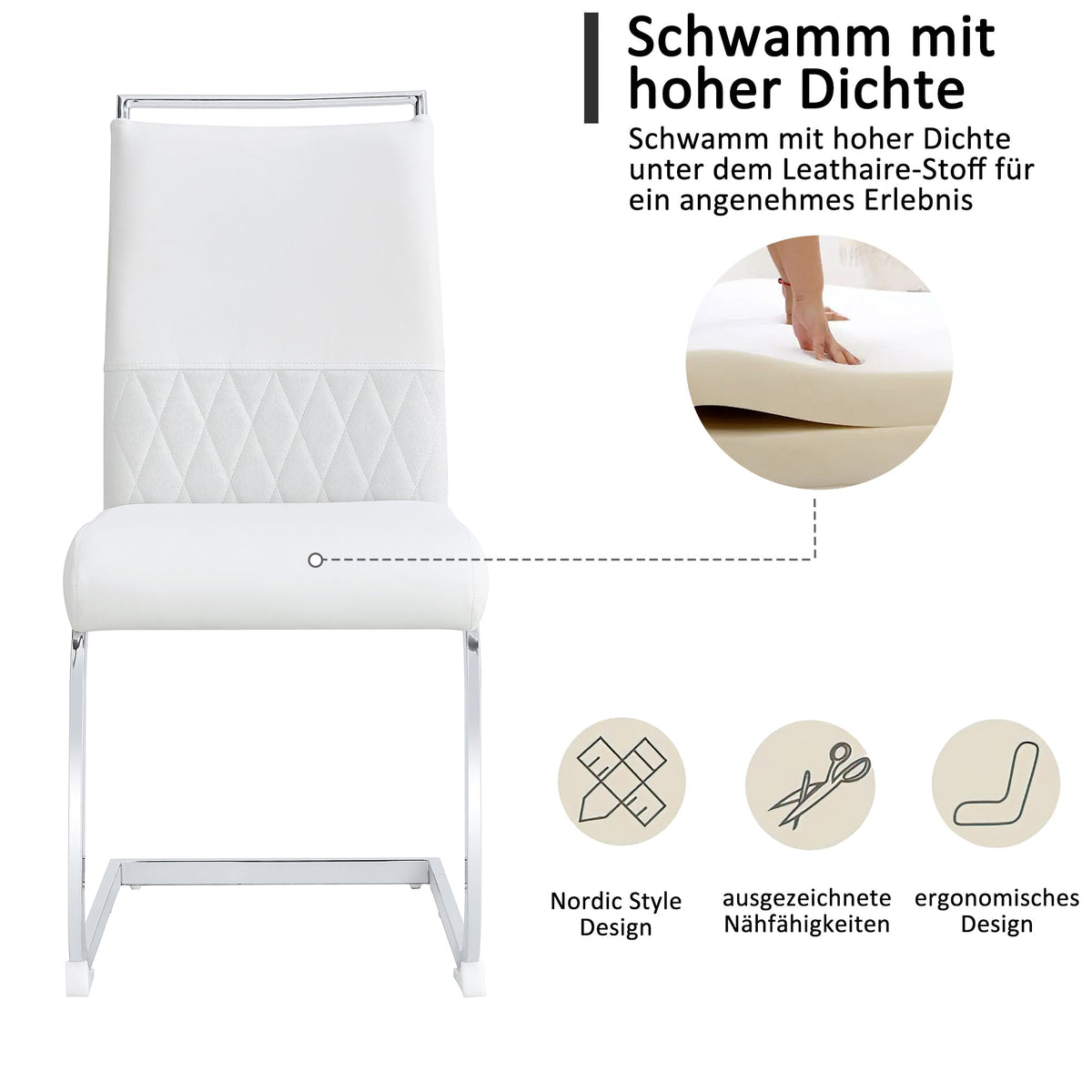 Modern Dining Chairs Set of 2, High-Backed Upholstered Side Chairs with Horizontal Stripe Backrest, White PU Leather & Linen