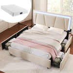 Upholstered Bed, 140x200cm Storage Bed with LED & Adjustable Headboard, Beige