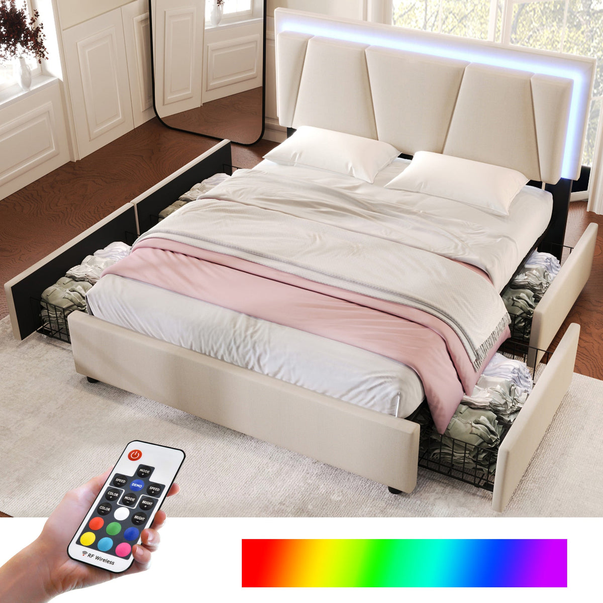 Upholstered Bed with LED Lighting, 4 Drawers and Adjustable Headboard, 160x200cm, Beige