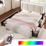 Upholstered Bed, 140x200cm Storage Bed with LED & Adjustable Headboard, Beige