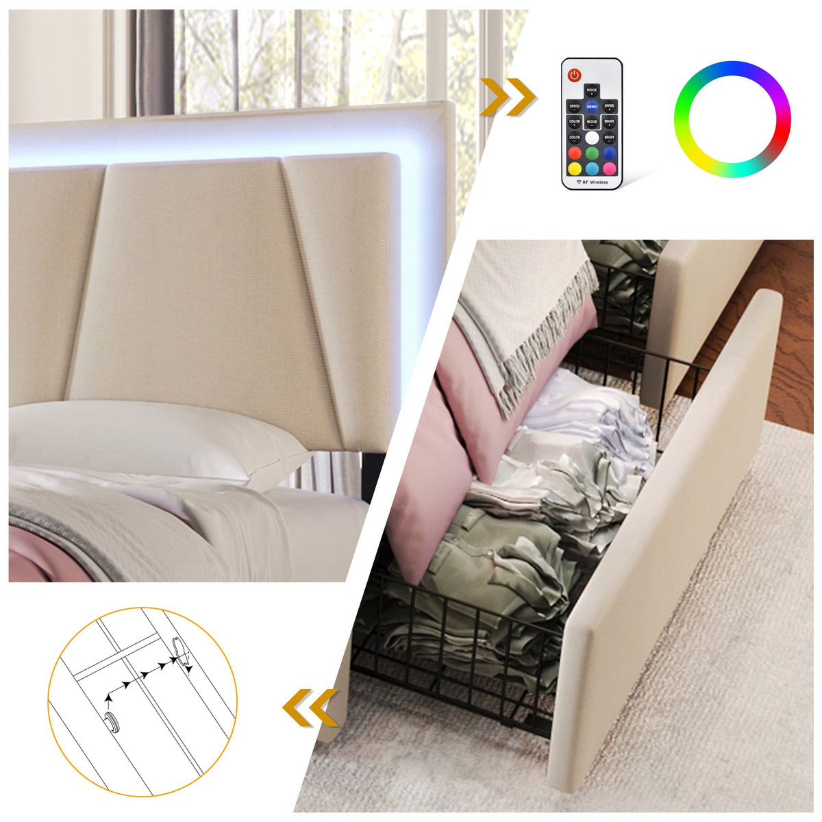 Upholstered Bed, LED, 2-Drawer, Height-Adjustable, Single 90x200cm, Beige Linen