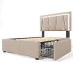 Upholstered Bed, LED, 2-Drawer, Height-Adjustable, Single 90x200cm, Beige Linen