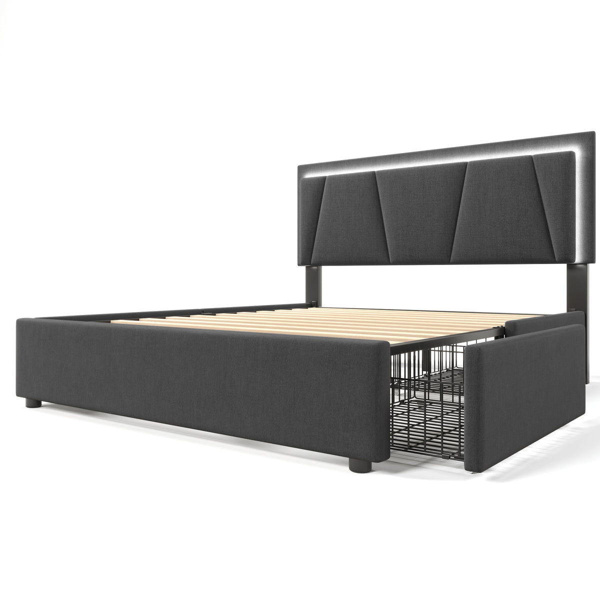 Upholstered Bed with LED Lighting, 4 Drawers, Adjustable Headboard, Gray