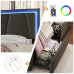 Upholstered Bed, LED Lighting, 2 Drawers, Adjustable Headboard, Storage, Wood, Garu
