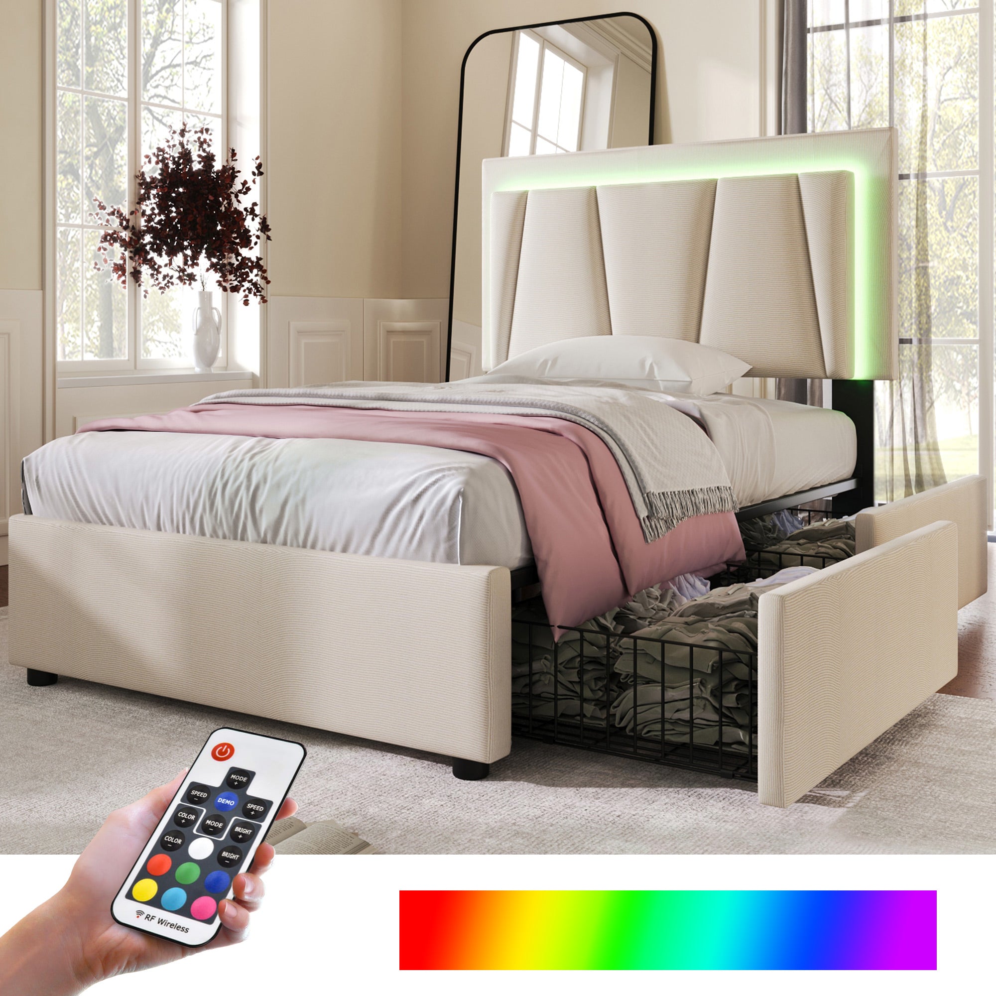 Upholstered Bed, LED, 2-Drawer, Height-Adjustable, Single 90x200cm, Beige Linen