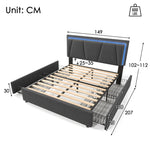 Upholstered Bed with LED Lighting, 4 Drawers, Adjustable Headboard, Gray
