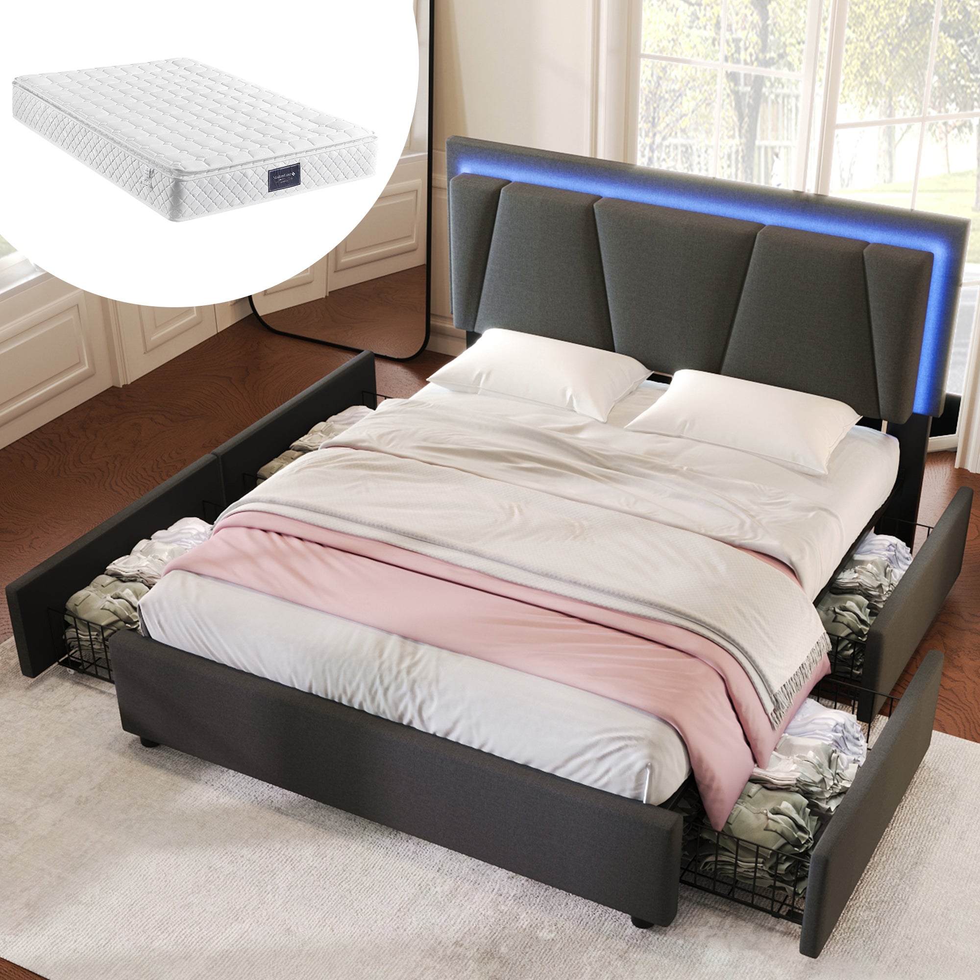 Upholstered Bed, LED Lighting & 4-Drawer Storage, Adjustable Headboard, Wood Slatted Frame, Gray