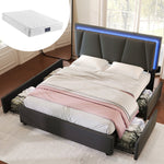 Upholstered Bed, LED Lighting & 4-Drawer Storage, Adjustable Headboard, Wood Slatted Frame, Gray
