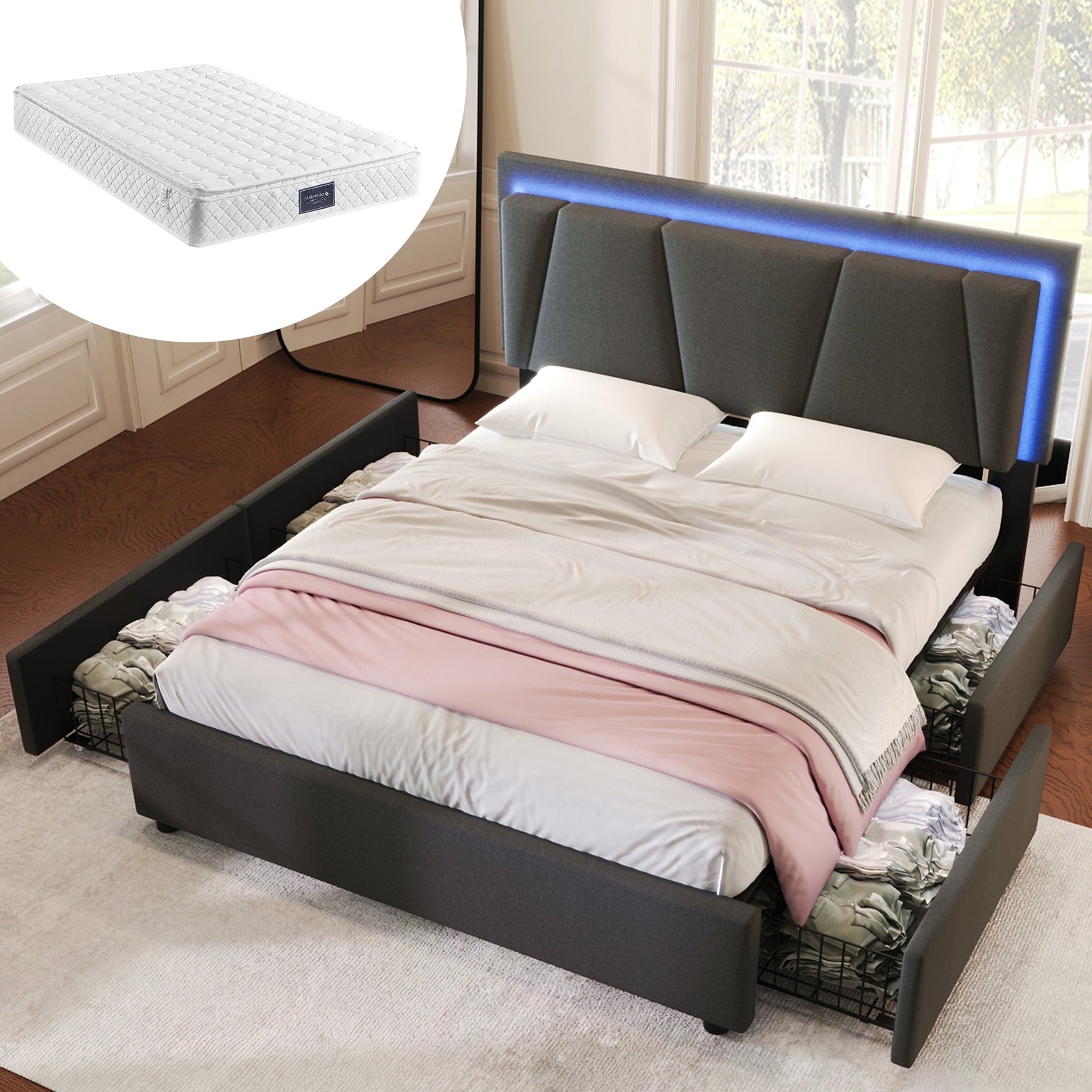 Upholstered Bed, LED Lighting & 4-Drawer Storage, Adjustable Headboard, Wood Slatted Frame, Gray
