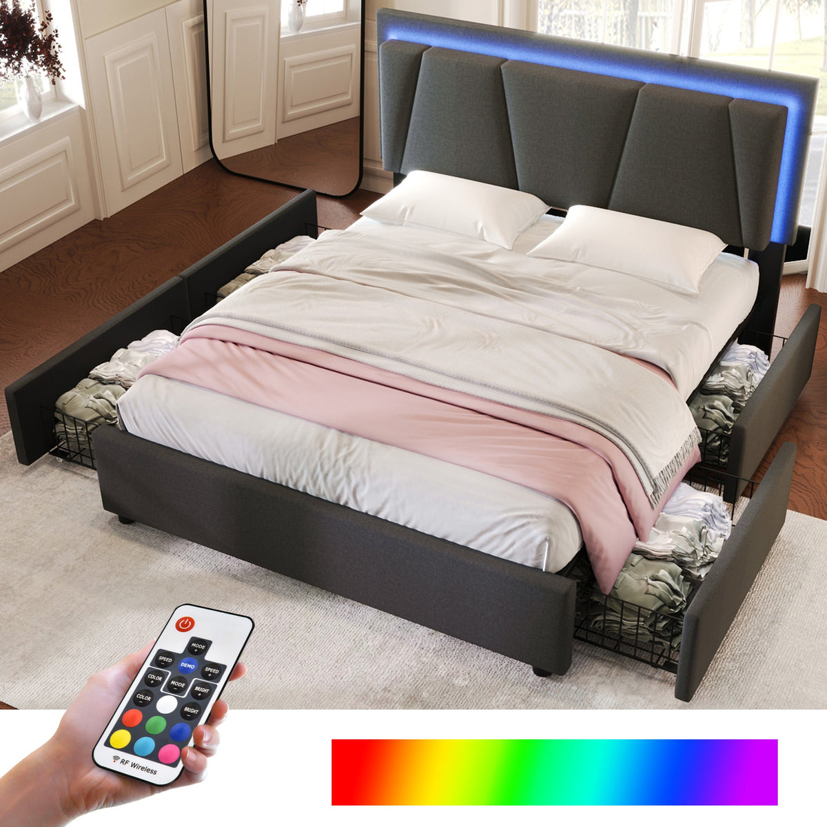 Upholstered Bed with LED Lighting, 4 Drawers and Adjustable Headboard, 160x200cm, Grey Wood