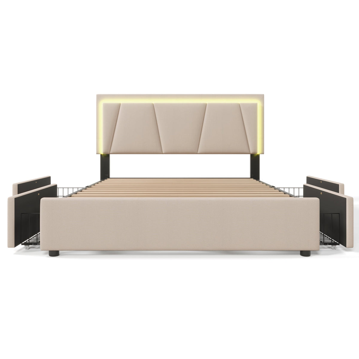 Upholstered Bed, 140x200cm Storage Bed with LED & Adjustable Headboard, Beige