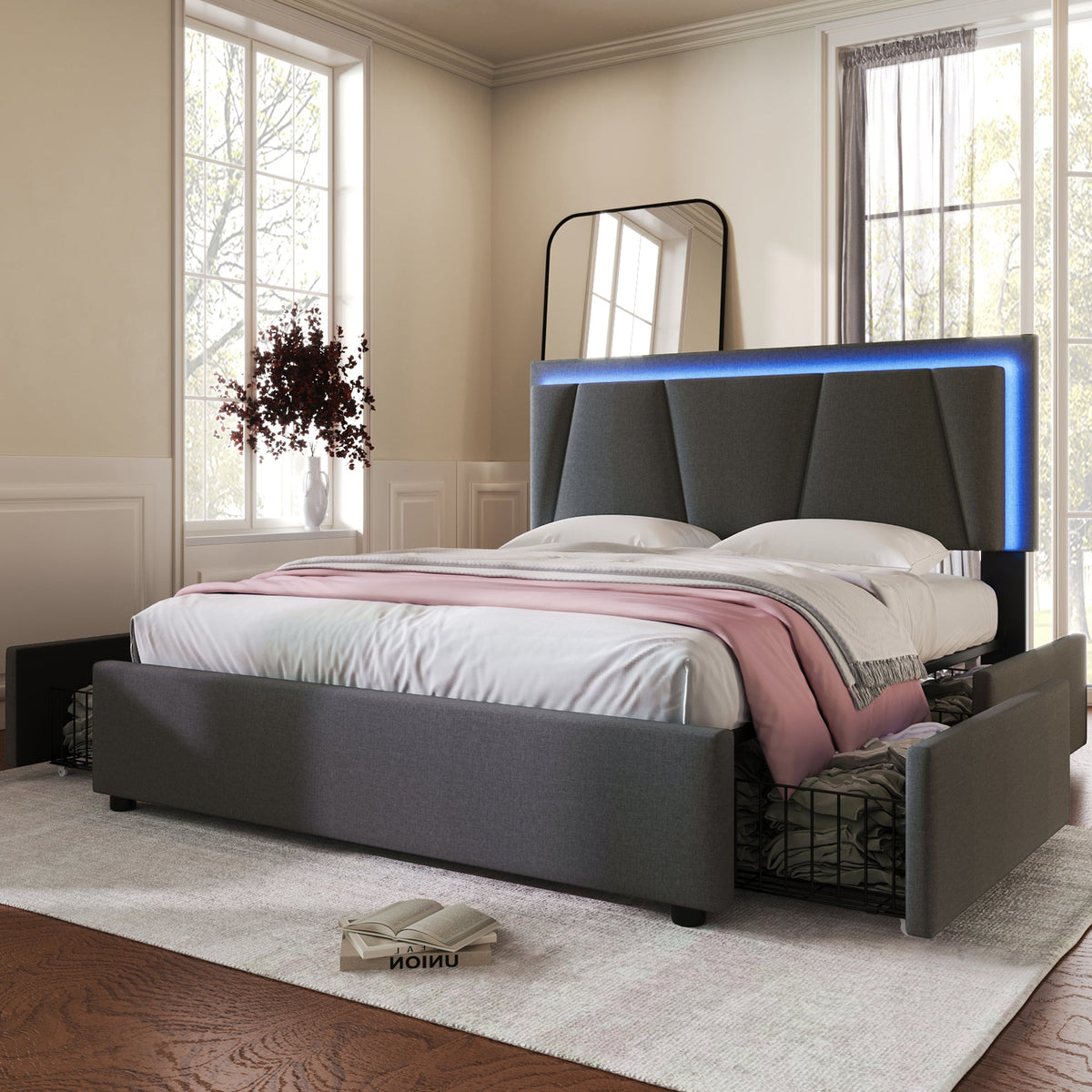 Upholstered Bed with LED Lighting, 4 Drawers and Adjustable Headboard, 160x200cm, Grey Wood