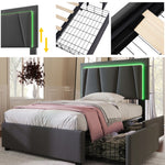 Upholstered Bed, LED Lighting, 2 Drawers, Adjustable Headboard, Storage, Wood, Garu