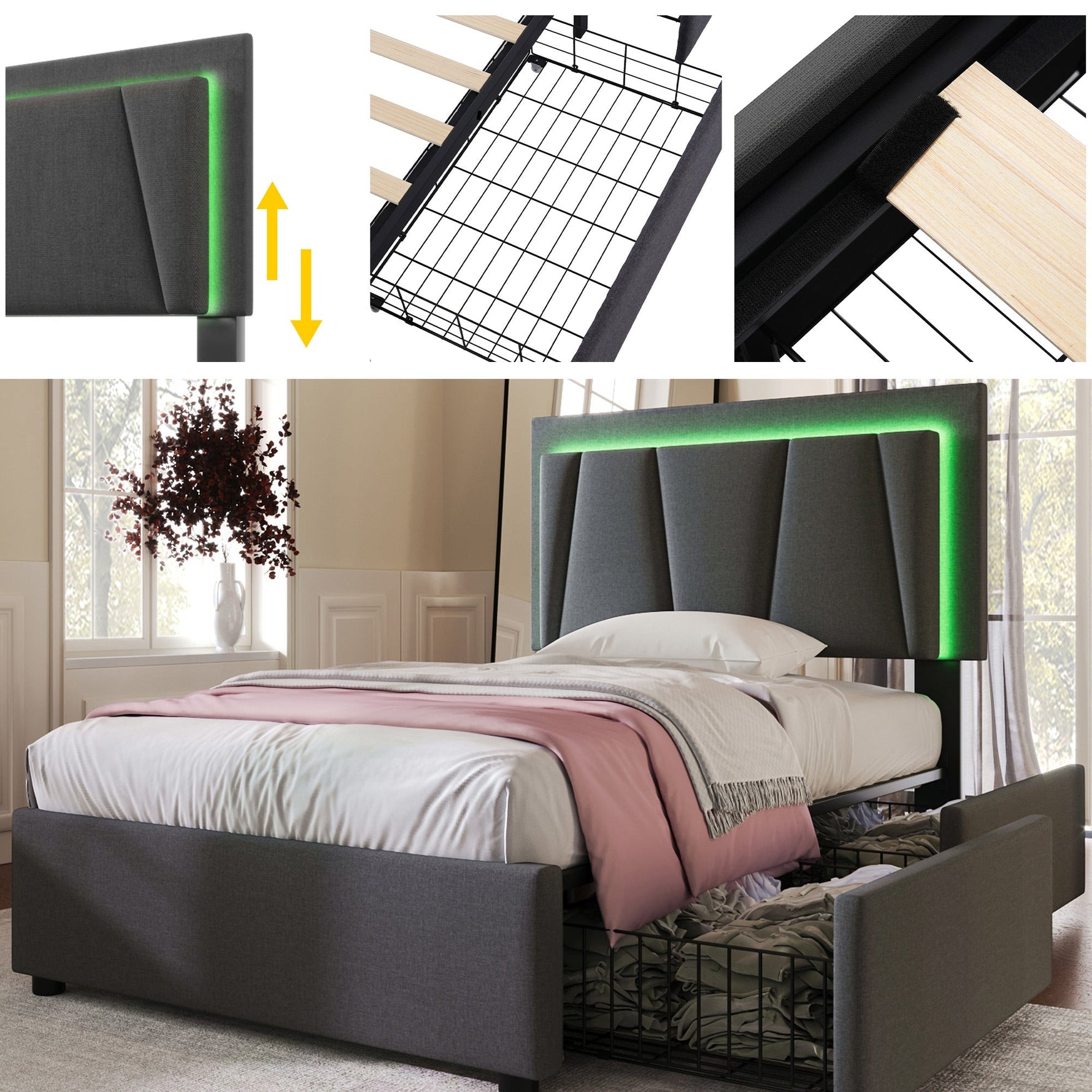 Upholstered Bed, LED Lighting, 2 Drawers, Adjustable Headboard, Storage, Wood, Garu