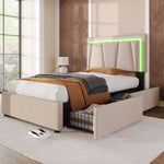 Upholstered Bed, LED, 2-Drawer, Height-Adjustable, Single 90x200cm, Beige Linen