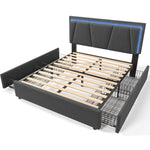 Upholstered Bed with LED Lighting, 4 Drawers, Adjustable Headboard, Gray
