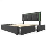 Upholstered Bed with LED Lighting, 4 Drawers, Adjustable Headboard, Gray