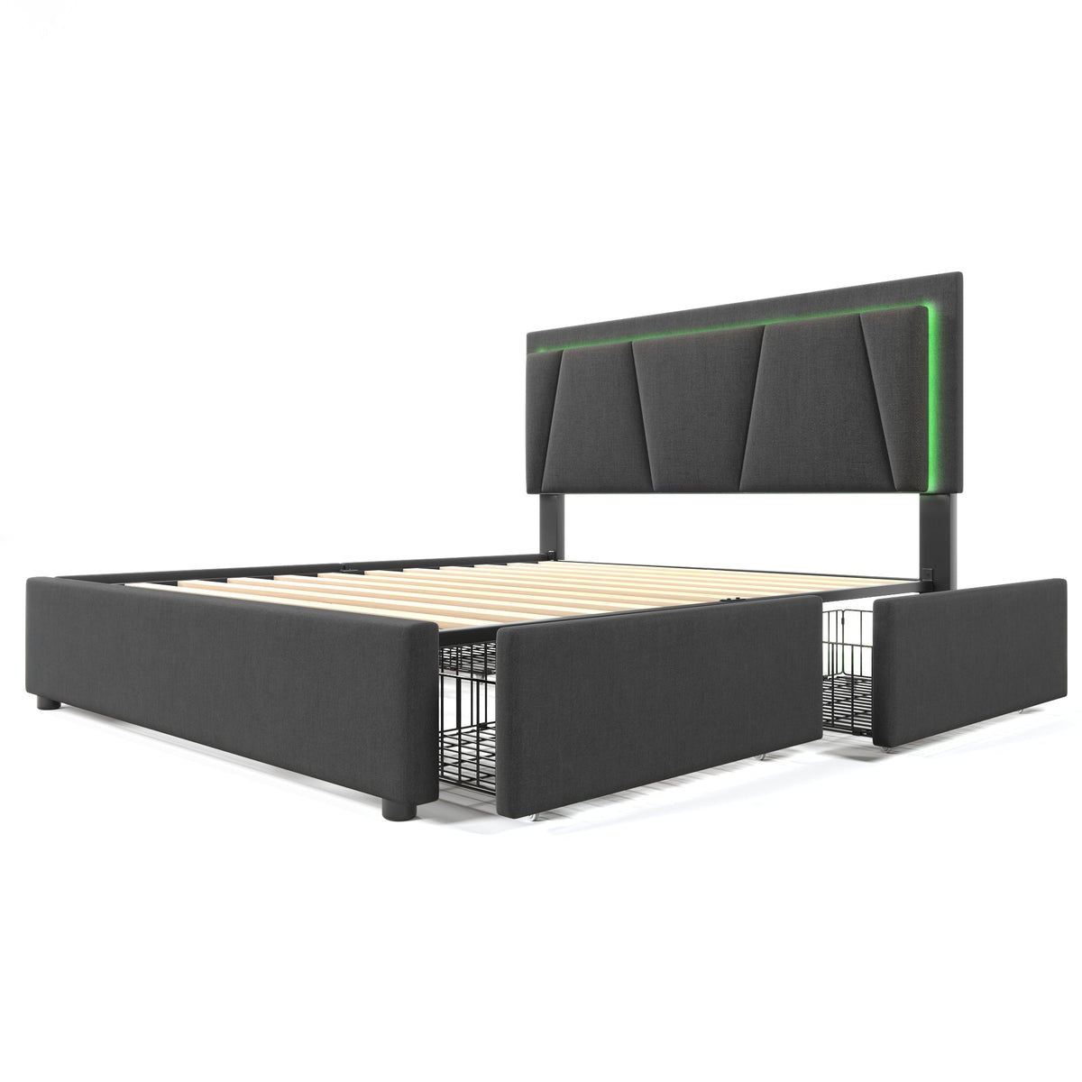 Upholstered Bed with LED Lighting, 4 Drawers, Adjustable Headboard, Gray