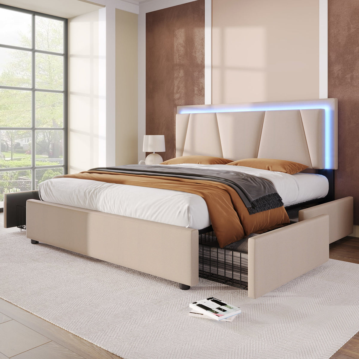 Upholstered Bed, 140x200cm Storage Bed with LED & Adjustable Headboard, Beige
