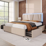 Upholstered Bed with LED Lighting, 4 Drawers and Height-Adjustable Headboard, 160x200cm, Beige Velvet