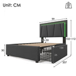 Upholstered Bed, Single 90x200cm, LED & 2 Drawers, Wooden Slatted Frame, Garu