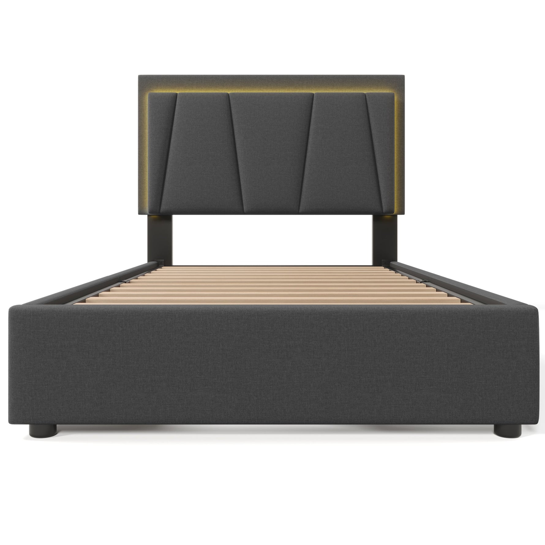 Upholstered Bed, LED Lighting, 2 Drawers, Adjustable Headboard, Storage, Wood, Garu