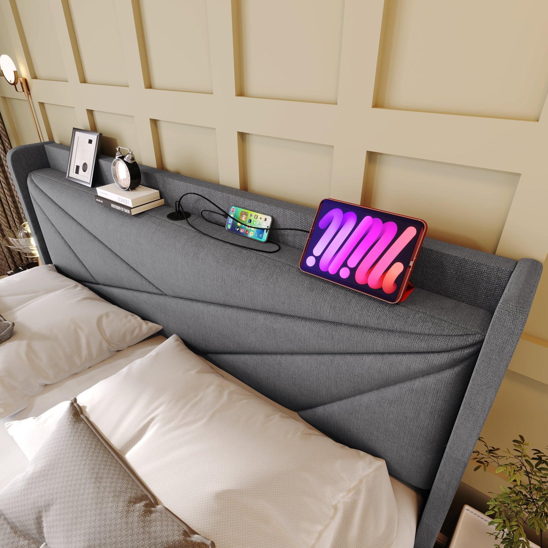 Upholstered Double Bed, Storage with USB-C Headboard, Linen