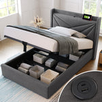 Upholstered Bed, Single with Storage & USB Headboard, Linen