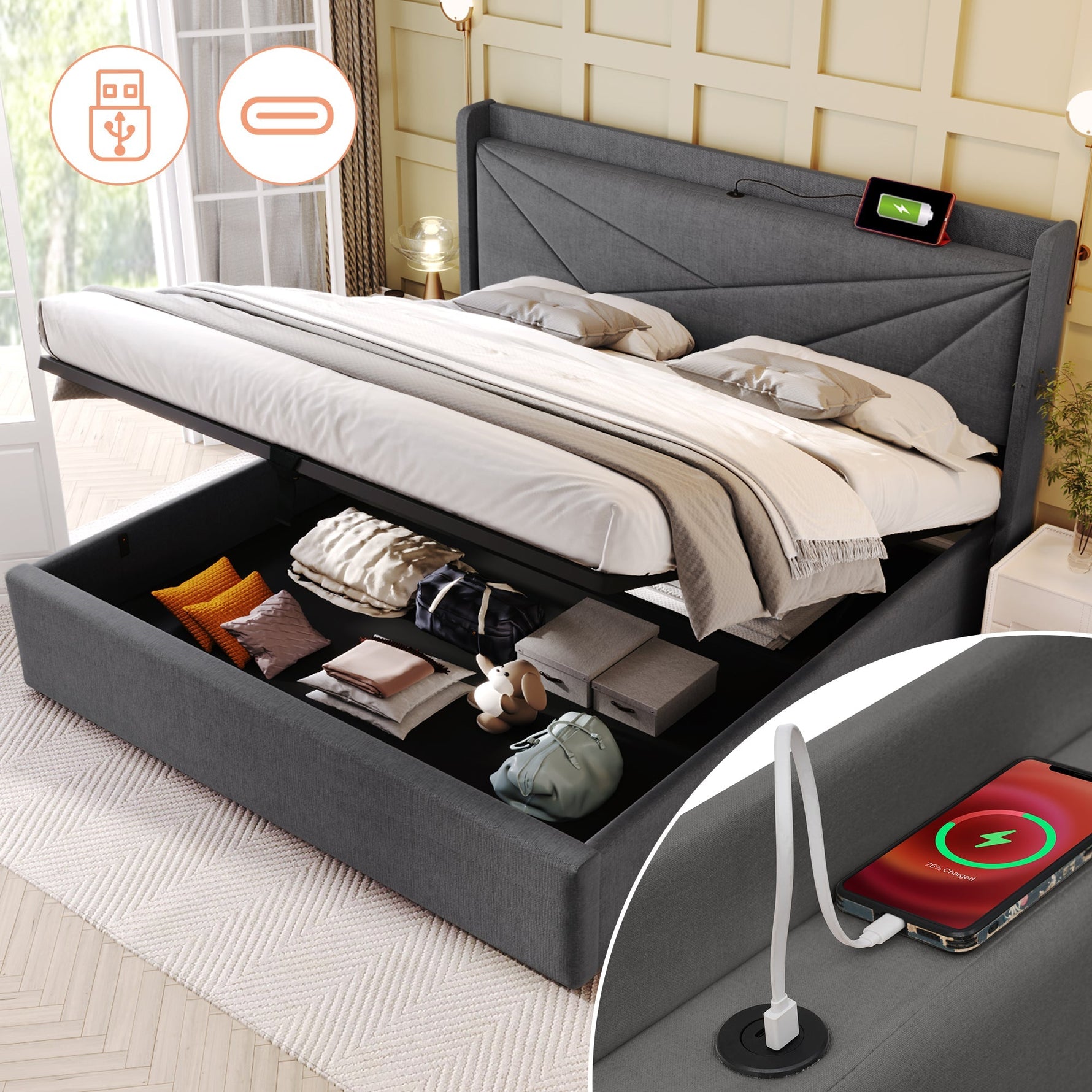Upholstered Double Bed, Storage with USB-C Headboard, Linen