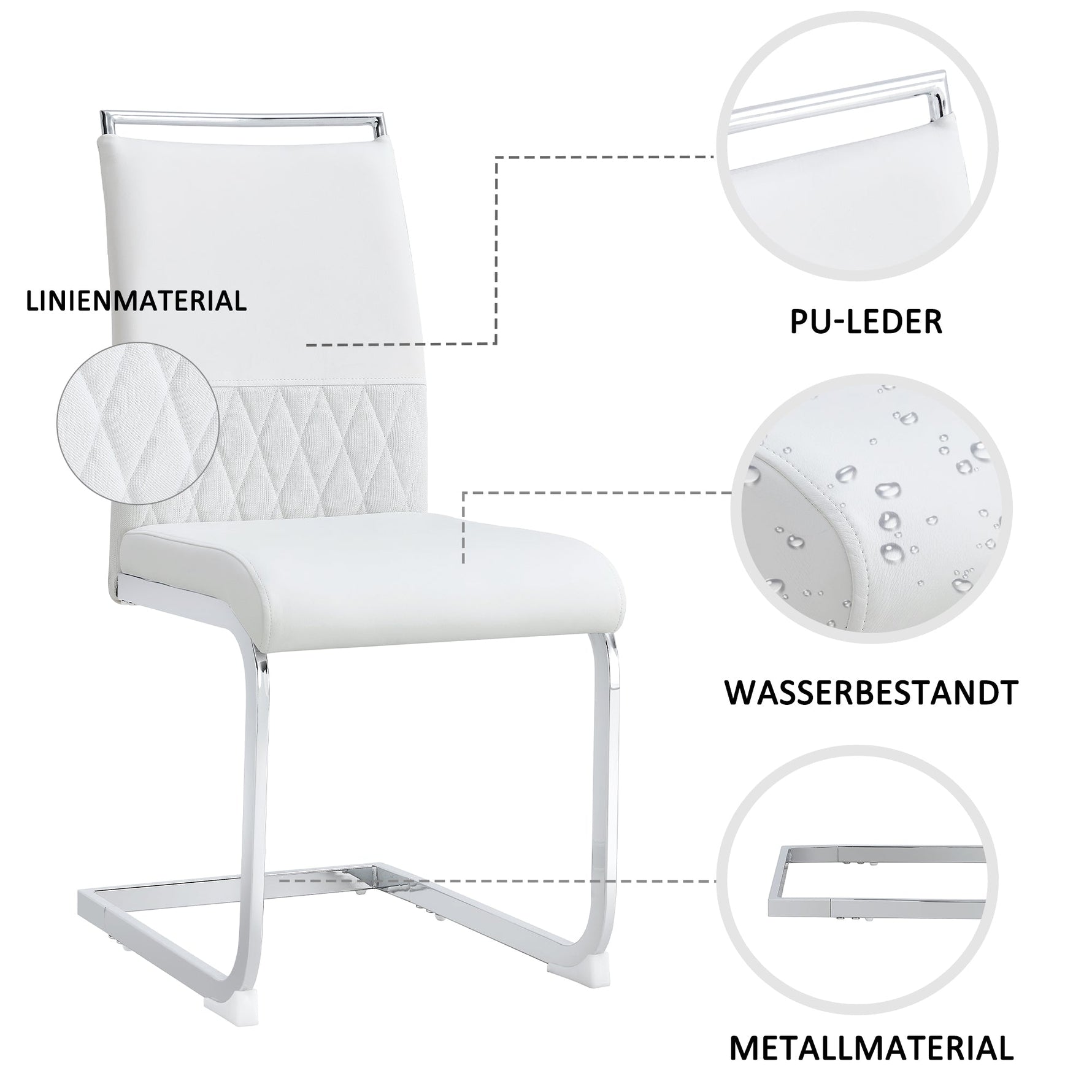 Dining Chairs Set of 6 Upholstered High-Back PU Leather Linen White